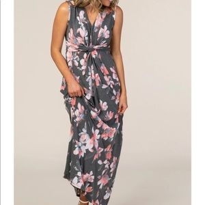 NWT PinkBlush Grey Floral Knot Front Maxi Dress